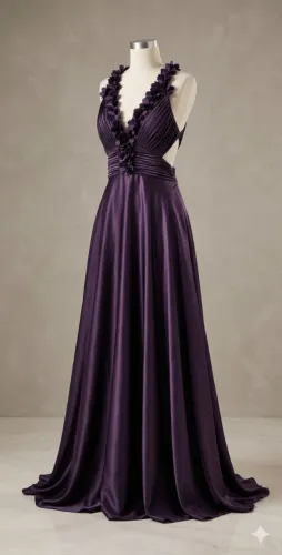 Vestido Longo de Festa Roxo em Cetim com Decote Floral e Recortes Elegantes