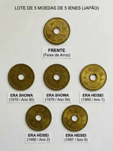 Lote com 5 Moedas originais de 5 Ienes do Japão. Excelente oportunidade