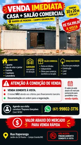 VENDA IMEDIATA CASA+SALÃO COMERCIAL R$ 154.999,00 À VISTA