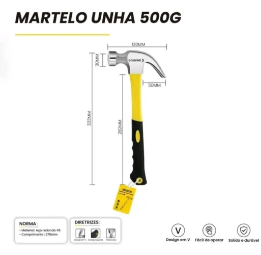 Martelo Profissional Unha Cabo Emborrachado Reforçado 33cm Fibra de Vidro