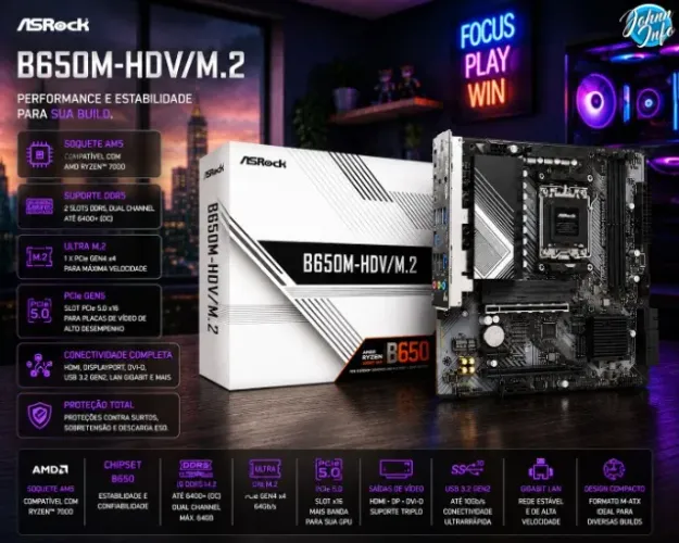 Placa Mãe ASRock B650M-HDV/M.2, Chipset B650, AMD AM5, M-ATX, DDR5