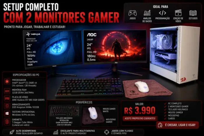 PC Gamer Completo RX 580 8GB + 32GB RAM + SSD 1TB + 2 Monitores Gamer 180Hz/165Hz