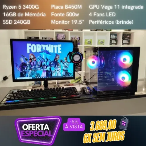 PC Gamer ryzem 5 3400G 16GB Vega 11 em 5X sem Juros