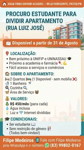 ? VAGA EM QUARTO PARA DIVIDIR ALUGUEL - BELO HORIZONTE, PATOS/PB