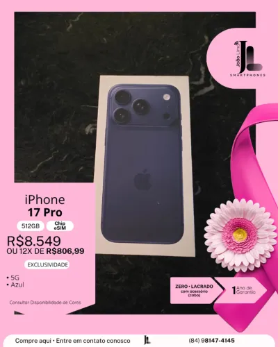 IPHONE 17 PRO, 5G, 512GB, CHIP ESIM, AZUL, LACRADO, EXCLUSIVO!