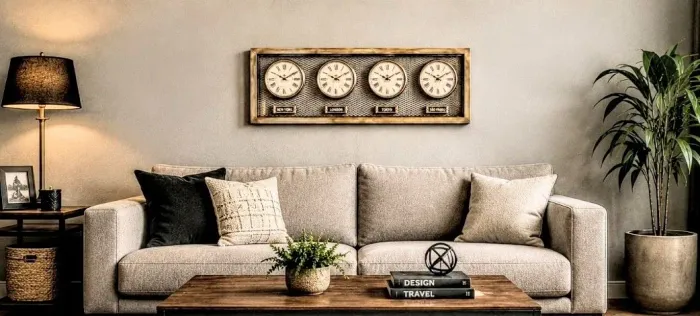 RELÓGIO DECORATIVO TIME TRIES ALL COM 4 MOSTRADORES 4 FUSOS