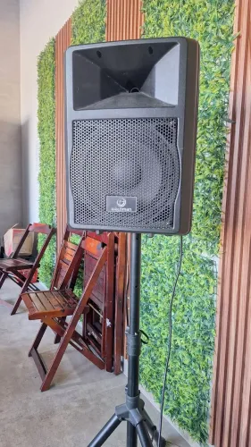Caixa de som e microfone 