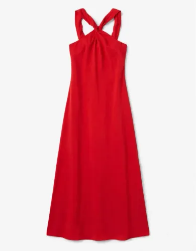 vestido longo vermelho, alça torcida no decote, modelo frente única / halter