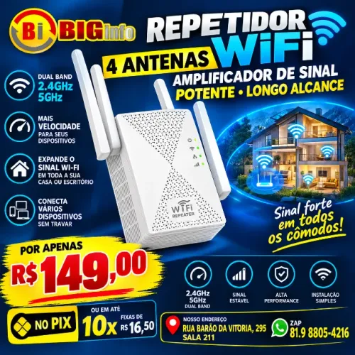Repetidor WiFi 4 Antenas Amplificador Sinal Potente Longo Alcance 2.4GHz