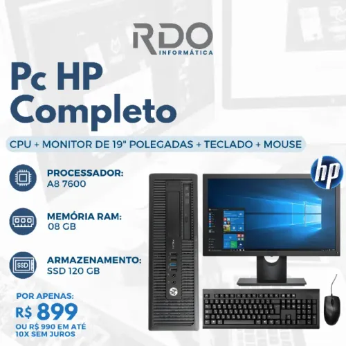 PC Completo HP A8 7600 8GB SSD 120GB Monitor 19" + Teclado e Mouse - Computador barato