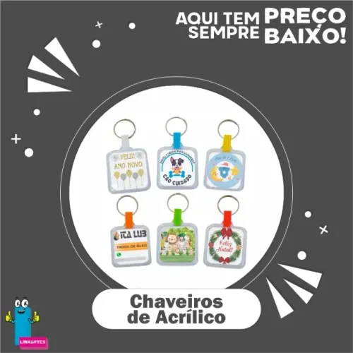 Chaveiro acrílico 3x3cm: resistente, moderno e ideal para brindes.