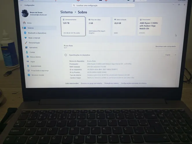 Notebook Lenovo 20 GB de Memória RAM