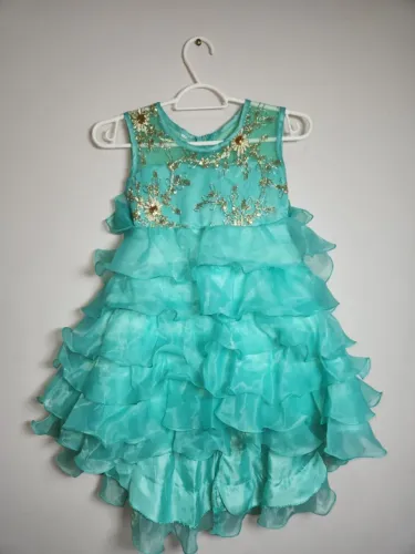 Vestido de Festa Infantil Novo Verde Água/Sereia com Brilho - Tamanho 6 a 7