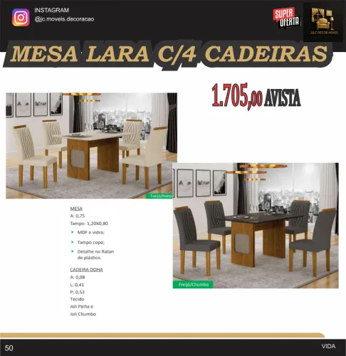 MESA LARA 4 CADEIRAS EM MDF