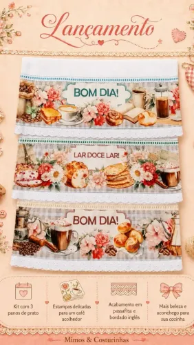 Kit 3 Panos de Prato Decorados | Café | Bordado Inglês