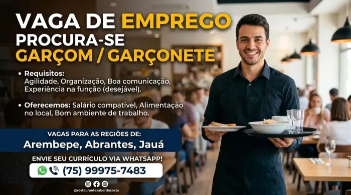 Vaga para Garçom / Garçonete (Com Experiência) - Restaurante em Arembepe, Abrantes e Jauá