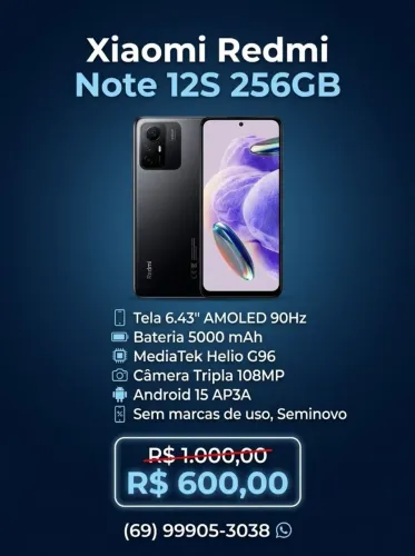 Celular Xiaomi Redmi Note 12S 4G 256GB Cor preta