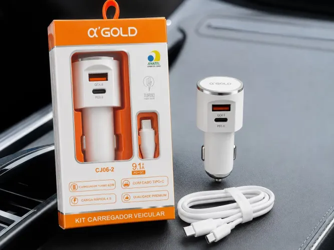 Carregador Veicular Turbo 40W USB e Tipo-C com Cabo Tipo-C
