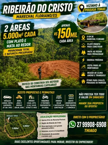 ÁREAS 5.000M² NAS MONTANHAS CAPIXABAS, RIBEIRÃO DO CRISTO, PARCELO, TROCO, PERTO MARECHAL