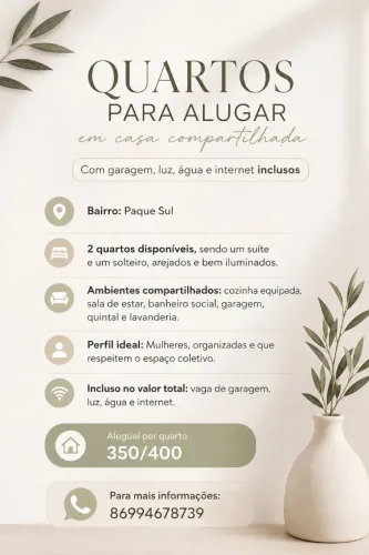Quartos disponíveis casa compartilhada