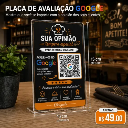 Placa Google Avaliação QR Code em Acrílico 15x10 cm | Personalizada | R$ 49