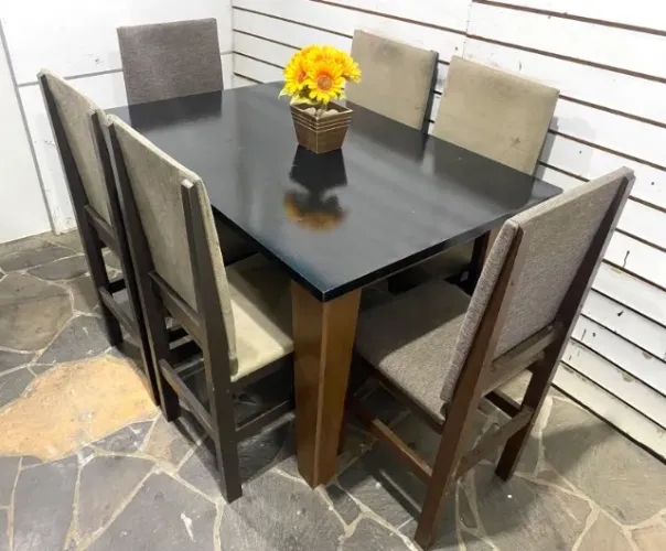 Mesa 6 cadeiras madeira tampo mdf preto 1,20x80cm