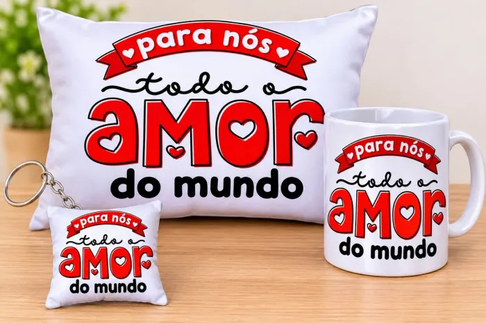 Caneca, almofada e chaveiro personalizados