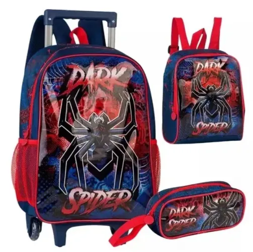 Kit Mochila Escolar Infantil Dark Spider Rodinhas Masculina