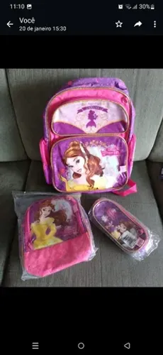 Mochila Princesa Disney, com lancheira e estojo<br>Novos