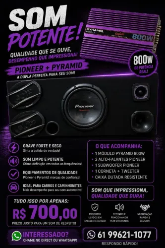 ? SOM AUTOMOTIVO PIONEER + PYRAMID 800W COMPLETO - R$ 700