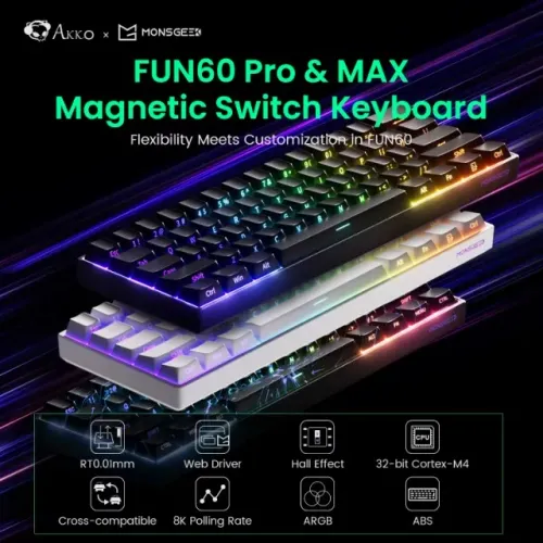 [Novo] Teclado Akko FUN60 Pro Black RGB, Switch Magnético, 8000Hz, RT 0.01mm, MonsGeek, PC