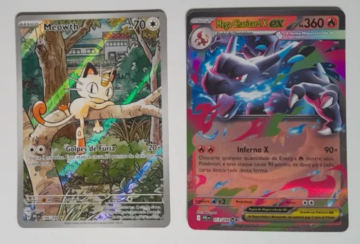 Kit 2 cartas pokémon fogo fantasmagórico: Meowth e Mega Charizard X ex