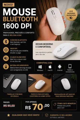 Mouse Bluetooth Sem Fio 1600 DPI - Praticidade e Precisão!