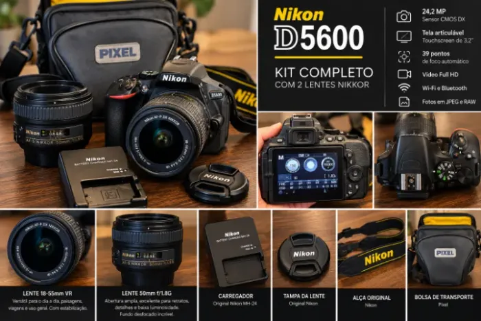 Nikon D5600 + 2 Lentes Nikkor 18-55mm e 50mm f/1.8G