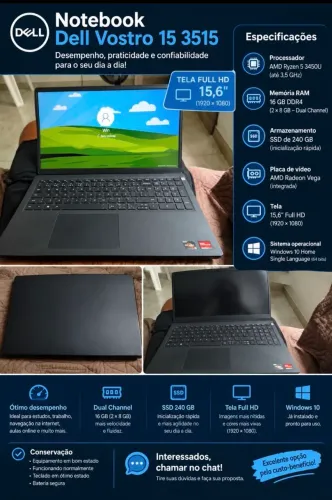 Notebook Dell Vostro 15 3515 ? Ryzen 5 | 16 GB RAM | SSD Nvme 240gb| Full HD