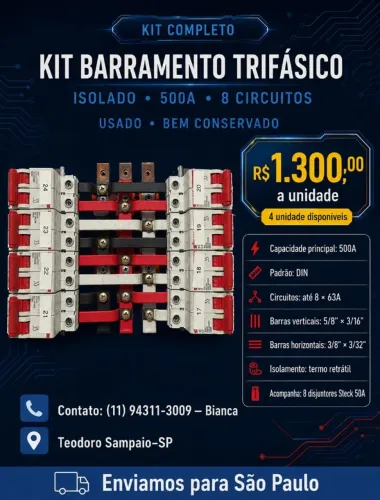 Kit Barramento Trifásico Isolado 500 Amperes para 8 Circuitos