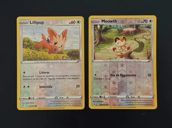 duas cartas pokémon reverse foil meowth & lillipup