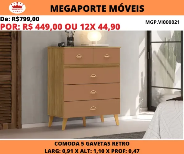 Cômoda Ibiza Pés Retrô 5 Gavetas