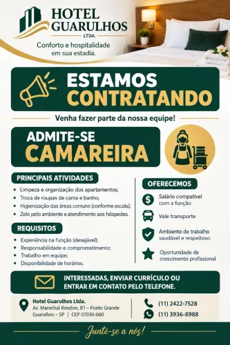 CONTRATANTO CAMAREIRA PARA HOTEL EM GUARULHOS