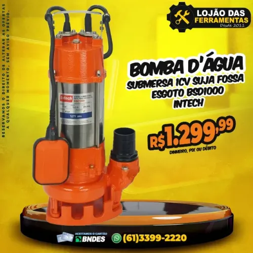 Bomba D'água Submersa 1Cv Suja Fossa Esgoto Bsd1000 Intech