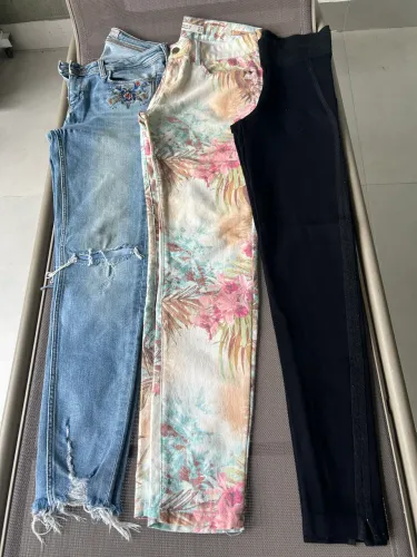 CALÇAS ZARA TAM 38 - PRETA, ESTAMPADA E JEANS BORDADA