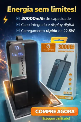 Power Bank H?Maston YD34 30000mAh Preto - Carregamento Rápido 22.5W + Display Digital