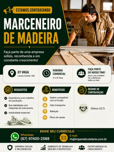 CONTRATO MARCENEIRO COM EXPERIÊNCIA COM MADEIRA