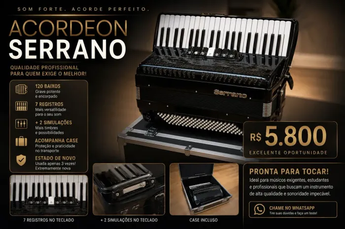Acordeon Serrano 120 Baixos | 7 Registros + 2 Simulações | Novissima | Com Case