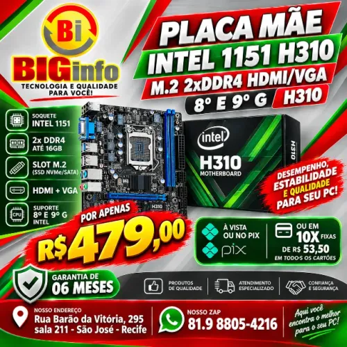Placa-Mãe Get H310M DDR4 M2 LGA 1151, Suporte Intel 8° a 9° Geração - Em ate 10x Fixas