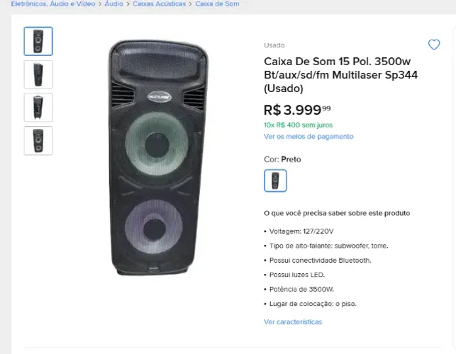 Caixa de Som Torre Double 15 Pol. Multilaser 3500W