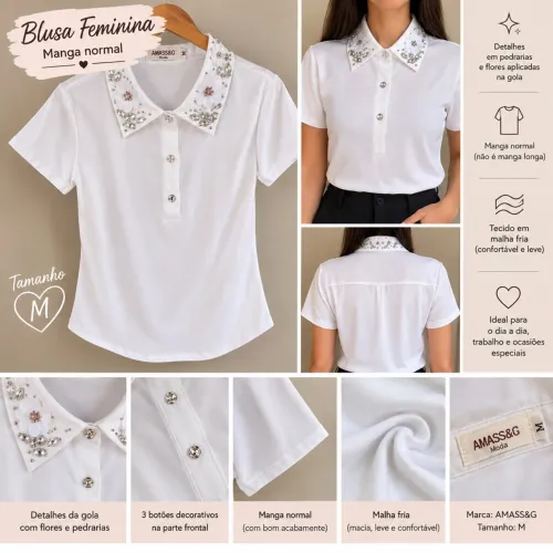 Blusa Feminina Branca com Gola Bordada - Tam. M