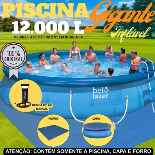 PISCINA INFLÁVEL REDONDA GIGANTE DE 12.000 LITROS - 457 X 91 CM. ACOMPANHA CAPA E FORRO.