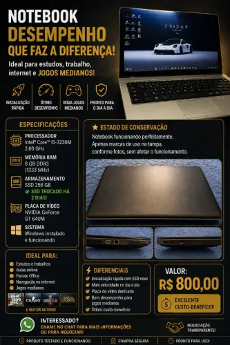 Notebook gamer: I5-3230, 8gb ram, placa de vídeo dedicada, SSD 256GB