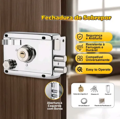 SOARFLY Fechadura Portão Social Sobrepor Chave Tetra Trinco Externa Cromada Anti Furto